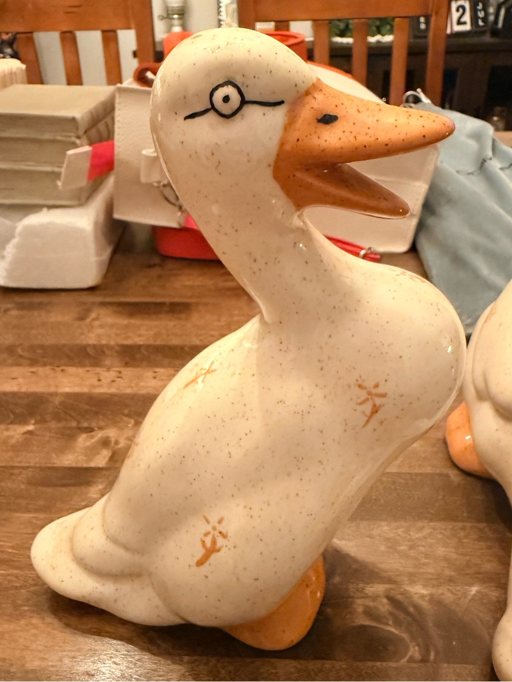 Ceramic Duck Figurines in Speckled Cream with Orange Beak